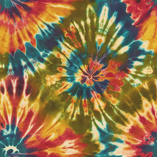 tie dye, retro, psychedelic, spiral pattern, radial design, vibrant colors, red, orange, yellow, blue, green, teal, rainbow colors, burst pattern, cotton fabric, quilting panel, groovy, 1960s style, hippie aesthetic, swirled colors, kaleidoscope effect
