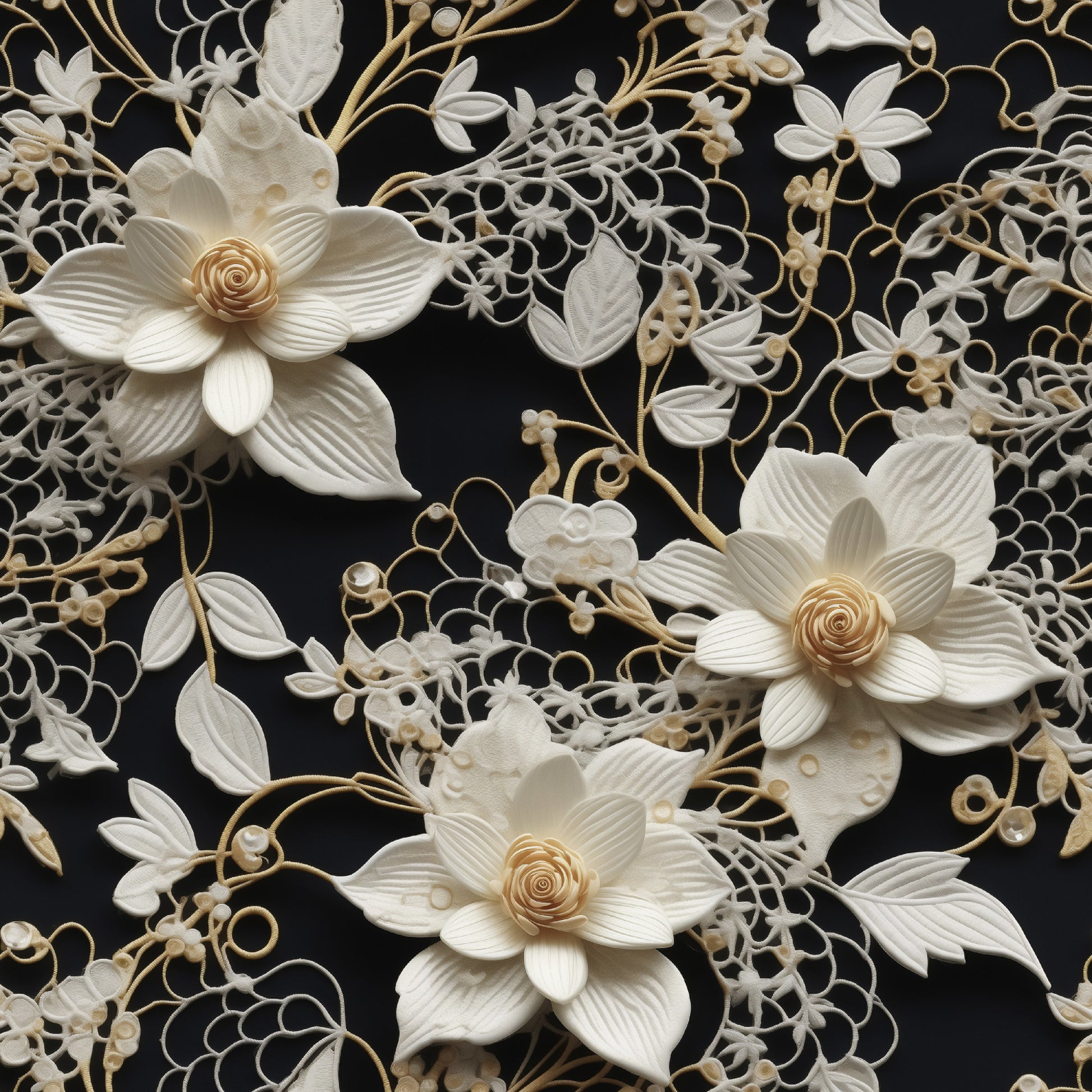 cream, ivory, beige, black background, floral pattern, lace design, tatting motif, roses, botanical elements, vintage style, delicate flowers, ornate details, quilting cotton, fabric panel, elegant design, decorative swirls, feminine aesthetic, intricate lacework, romantic mood, soft tones