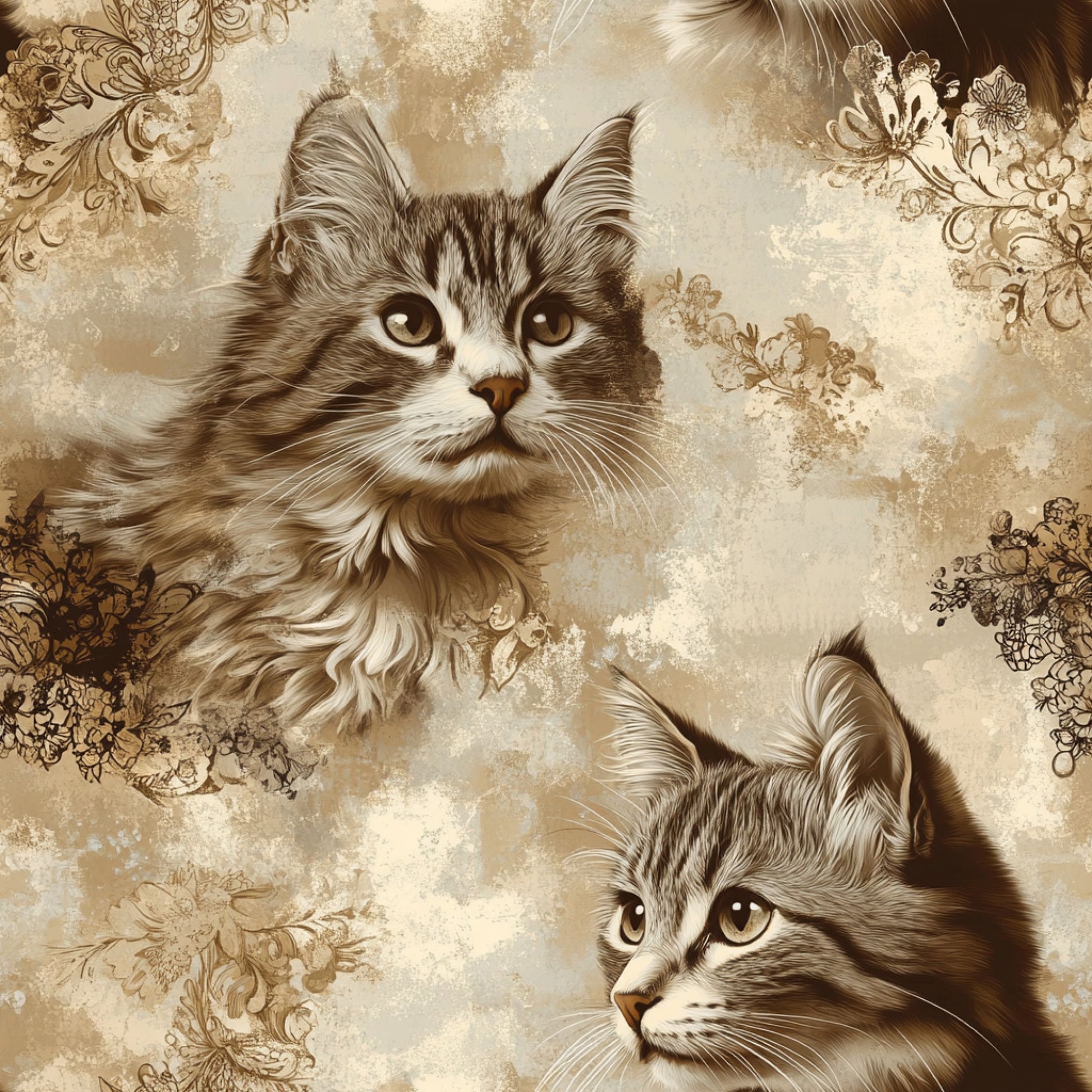 sepia tones, brown cats, tabby kittens, vintage style, floral lace, ornate patterns, cotton fabric, quilting panel, realistic cats, pet portraits, decorative flourishes, cream background, feline faces, whiskers detail, amber eyes, soft textures, nostalgic artwork, fabric crafting, sewing material
