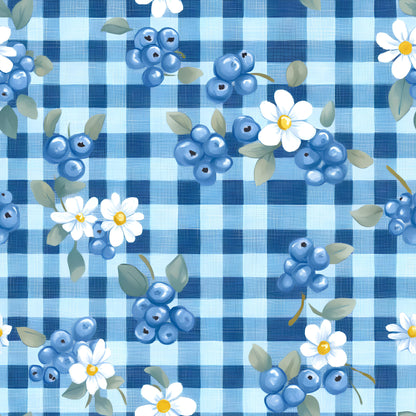 blue, white, gingham, checkered pattern, blueberries, daisies, flowers, leaves, cottage core, vintage style, quilting cotton, fabric panel, botanical motifs, berry clusters, floral design, pastel blue, yellow centers, green foliage, repeating pattern, summer theme