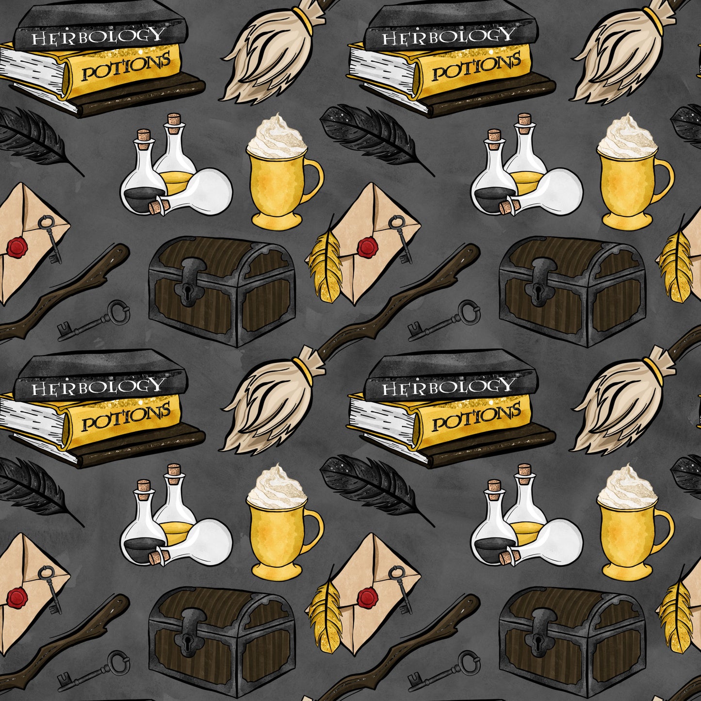 wizard, magic school, herbology, potions, books, broomsticks, feathers, treasure chest, letters, keys, bottles, flasks, mug, quilting cotton, fabric panel, gray background, yellow accents, brown tones, white elements, magical items, wizardry theme, repeating pattern, fantasy motifs