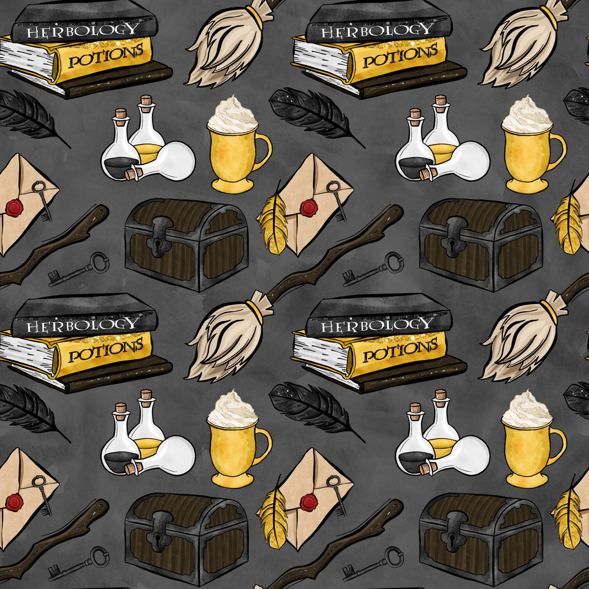 wizard, magic school, herbology, potions, books, broomsticks, feathers, treasure chest, letters, keys, bottles, flasks, mug, quilting cotton, fabric panel, gray background, yellow accents, brown tones, white elements, magical items, wizardry theme, repeating pattern, fantasy motifs