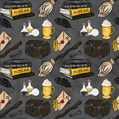 wizard, magic school, herbology, potions, books, broomsticks, feathers, treasure chest, letters, keys, bottles, flasks, mug, quilting cotton, fabric panel, gray background, yellow accents, brown tones, white elements, magical items, wizardry theme, repeating pattern, fantasy motifs