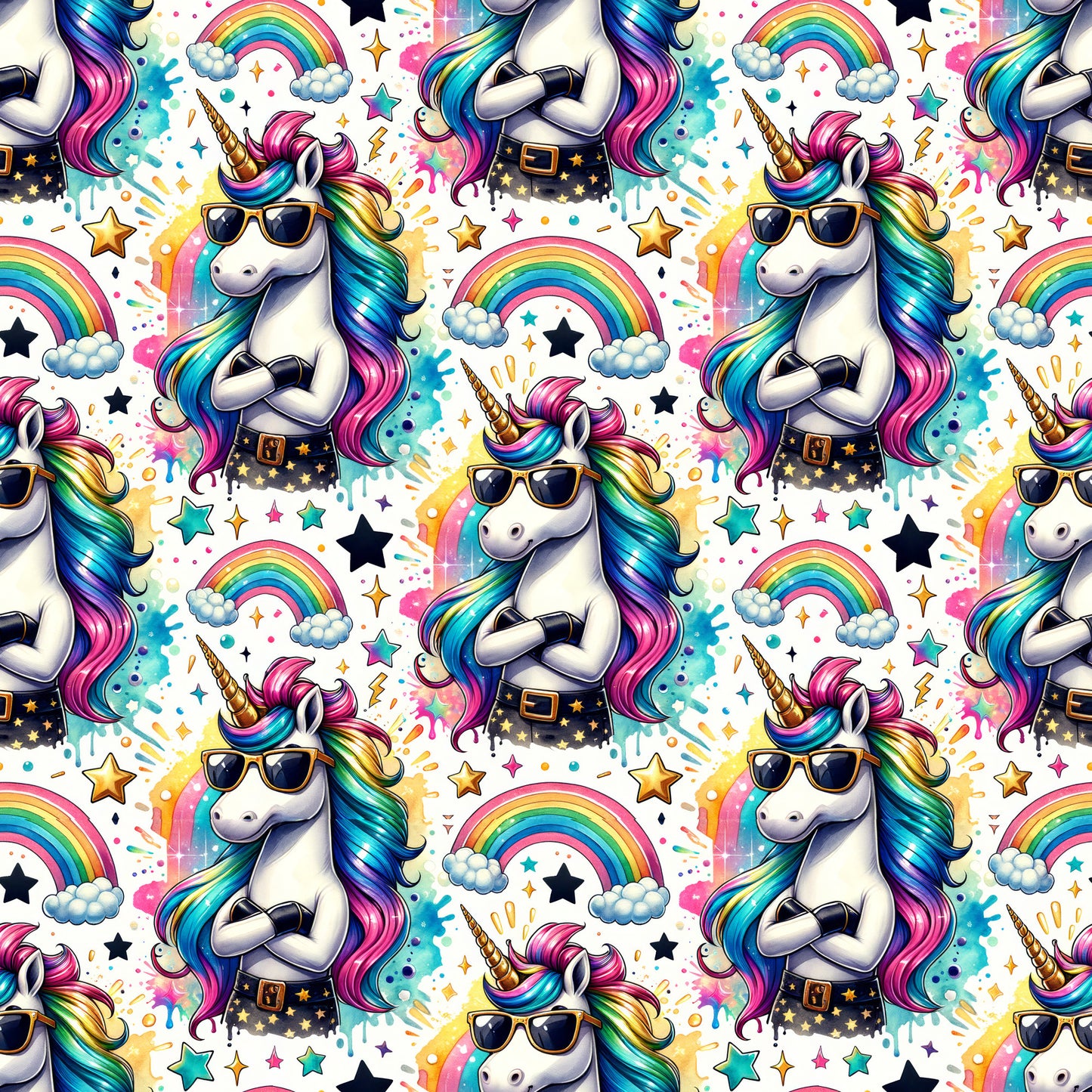 unicorns, rainbow colors, sunglasses, colorful mane, stars, clouds, pink, blue, purple, yellow, turquoise, repeating pattern, magical creatures, whimsical design, cotton fabric, quilting panel, fantasy theme, bright colors, playful style, children's fabric