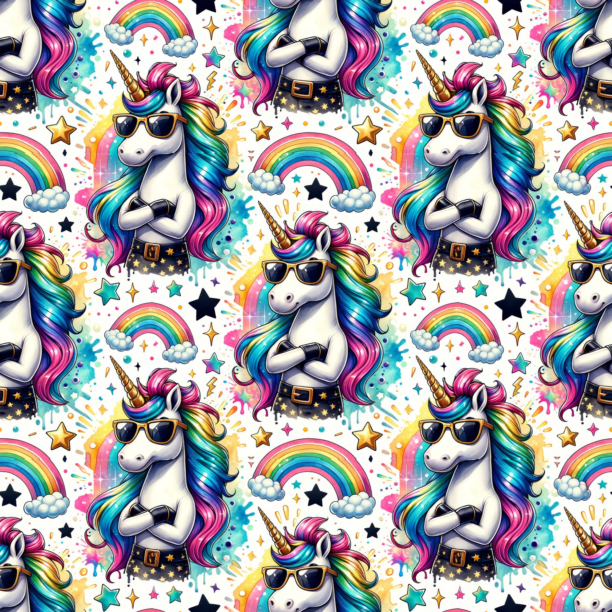 unicorns, rainbow colors, sunglasses, colorful mane, stars, clouds, pink, blue, purple, yellow, turquoise, repeating pattern, magical creatures, whimsical design, cotton fabric, quilting panel, fantasy theme, bright colors, playful style, children's fabric