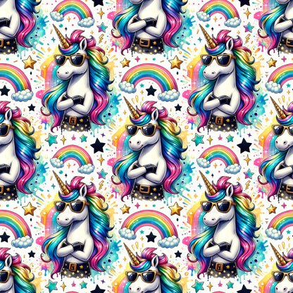 unicorns, rainbow colors, sunglasses, colorful mane, stars, clouds, pink, blue, purple, yellow, turquoise, repeating pattern, magical creatures, whimsical design, cotton fabric, quilting panel, fantasy theme, bright colors, playful style, children's fabric