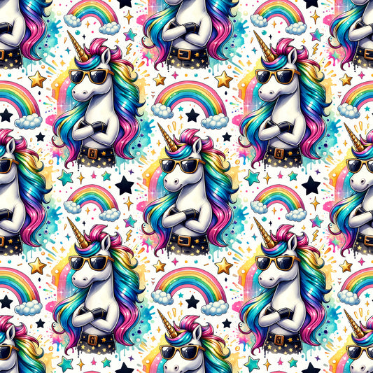 unicorns, rainbow colors, sunglasses, colorful mane, stars, clouds, pink, blue, purple, yellow, turquoise, repeating pattern, magical creatures, whimsical design, cotton fabric, quilting panel, fantasy theme, bright colors, playful style, children's fabric