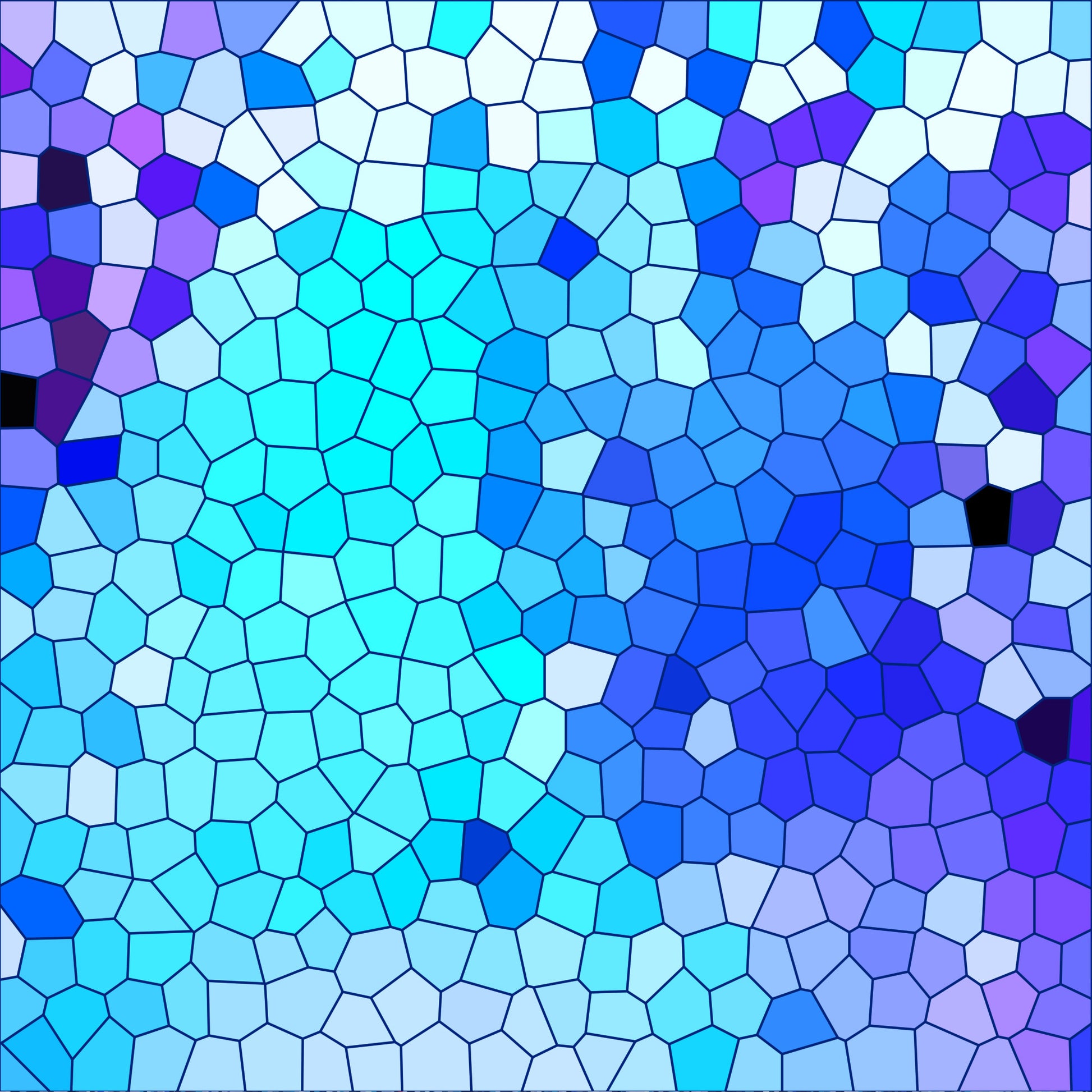 mosaic pattern, stained glass, geometric shapes, polygonal design, azure blue, turquoise, cobalt blue, purple, violet, cyan, light blue, royal blue, irregular polygons, tessellation, abstract design, quilting cotton, fabric panel, modern art style, vibrant colors, contemporary pattern