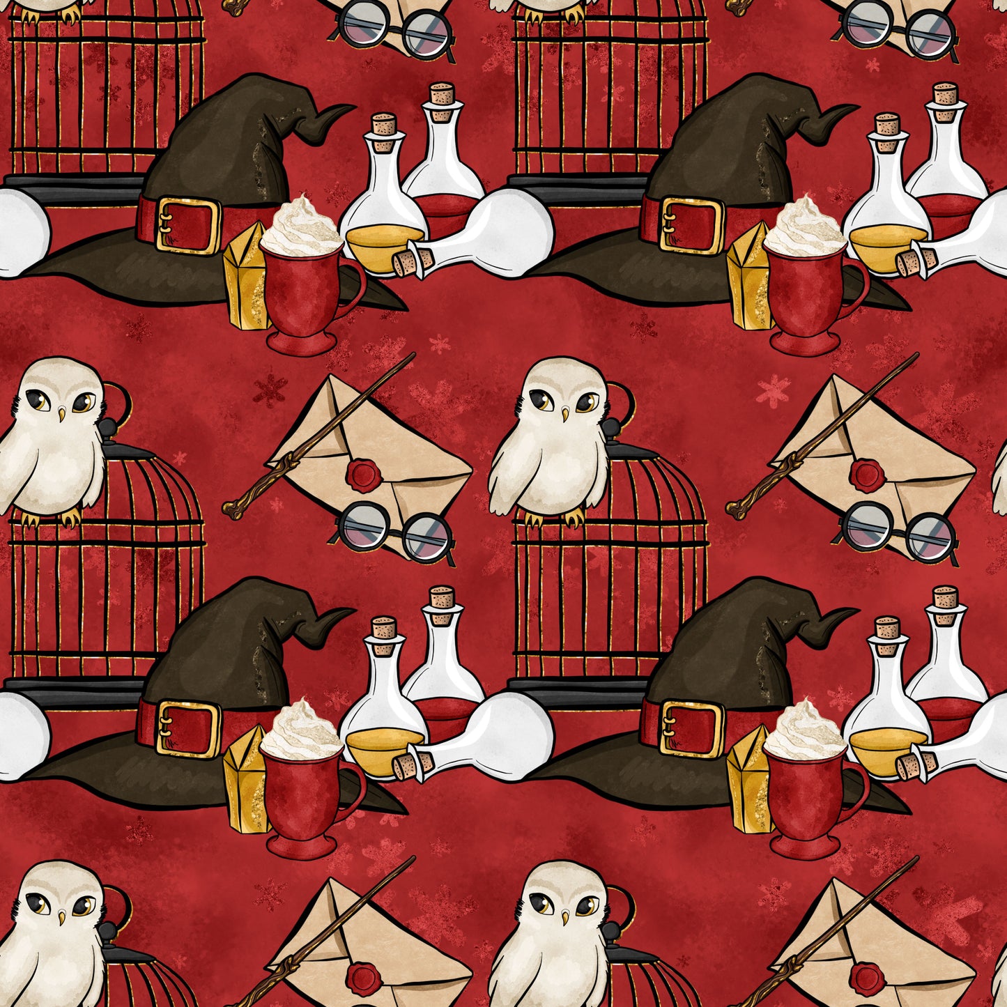 burgundy red, wizard hat, white owl, potion bottles, magic wand, envelope letter, round glasses, birdcage, quilting cotton, fabric panel, magical theme, whimsical pattern, repeating motif, wizard school, fantasy elements, cream white, golden yellow, dark green, spellbook, wizarding world
