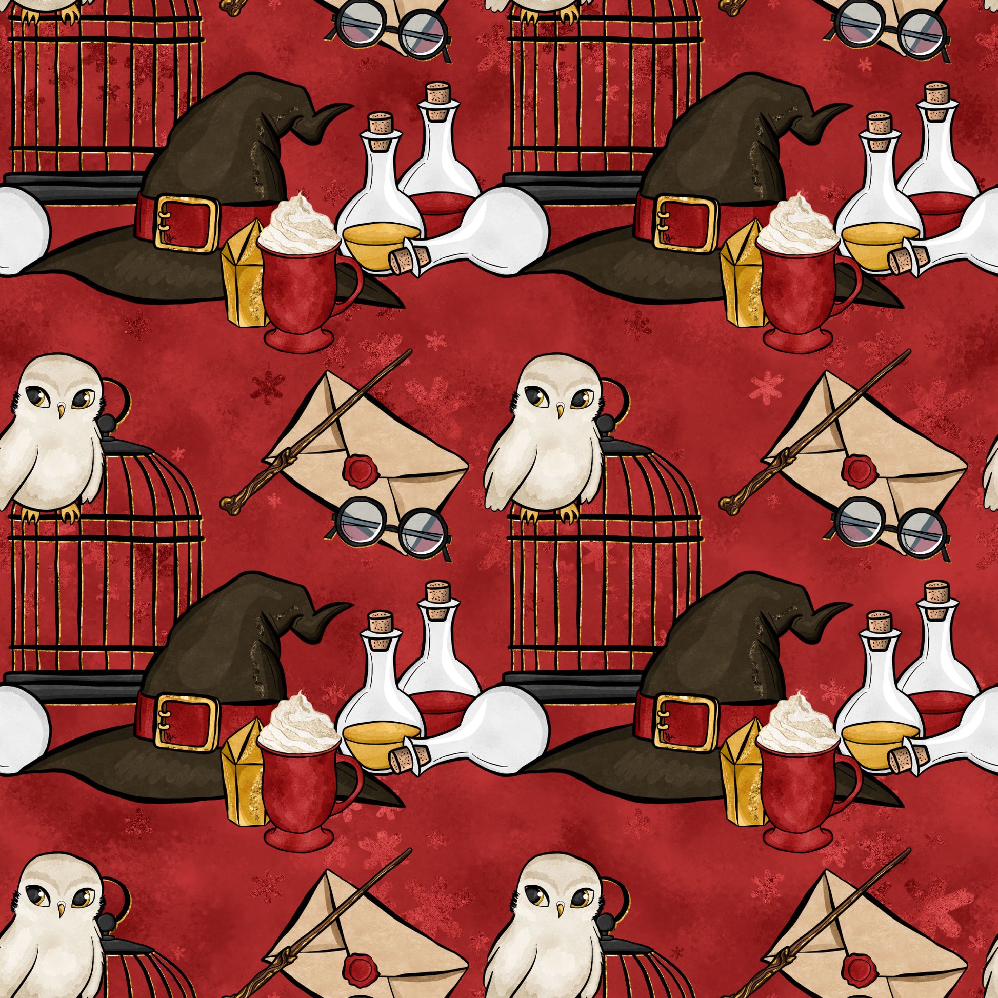 burgundy red, wizard hat, white owl, potion bottles, magic wand, envelope letter, round glasses, birdcage, quilting cotton, fabric panel, magical theme, whimsical pattern, repeating motif, wizard school, fantasy elements, cream white, golden yellow, dark green, spellbook, wizarding world