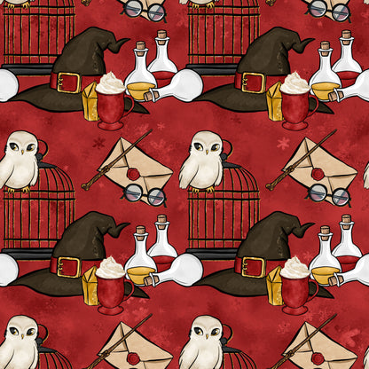 burgundy red, wizard hat, white owl, potion bottles, magic wand, envelope letter, round glasses, birdcage, quilting cotton, fabric panel, magical theme, whimsical pattern, repeating motif, wizard school, fantasy elements, cream white, golden yellow, dark green, spellbook, wizarding world
