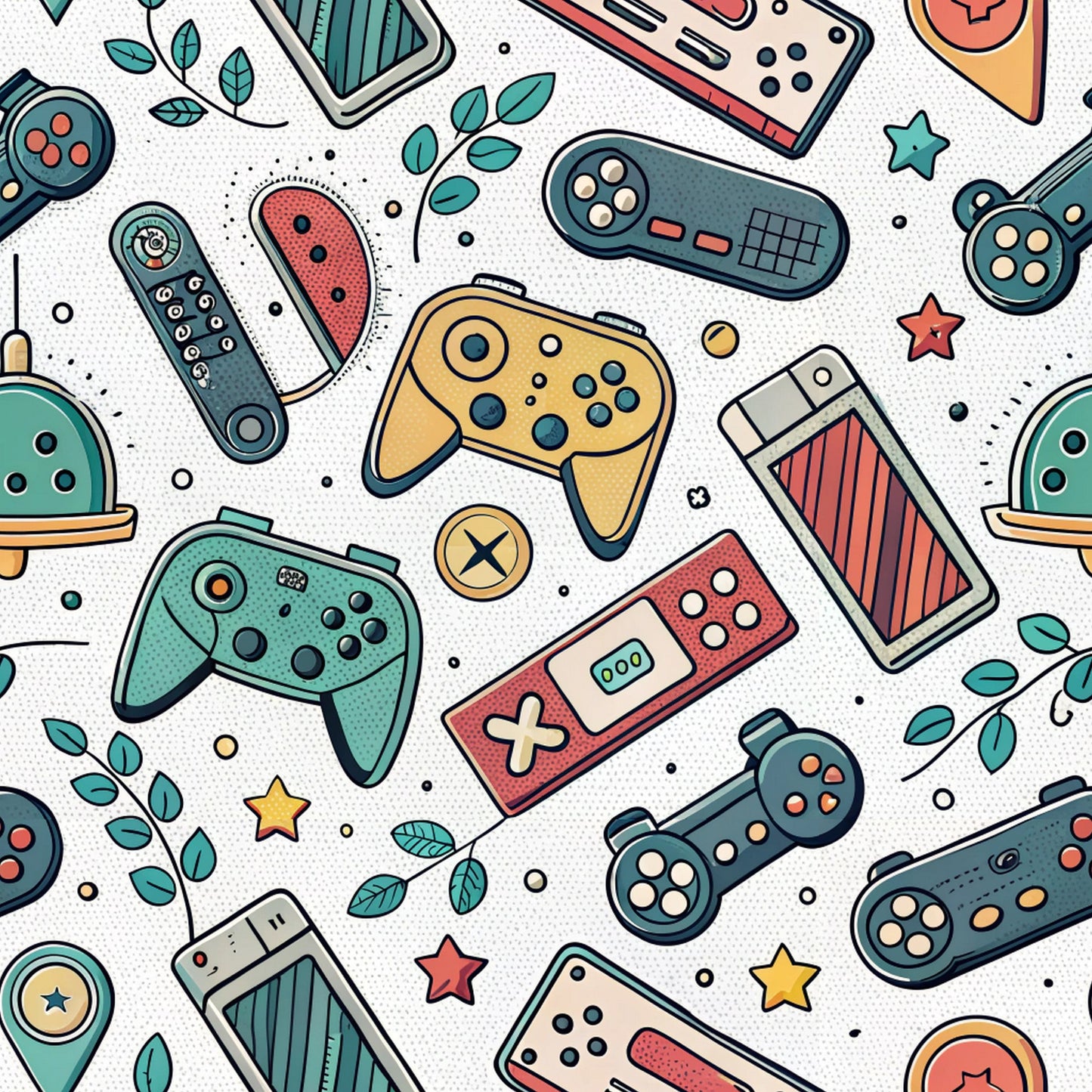 gaming controllers, video game, retro gaming, modern pattern, teal, coral, yellow, mint green, handheld devices, console controllers, seamless repeat, quilting cotton, fabric panel, geometric elements, tech accessories, playful design, scattered layout, contemporary style, gaming theme, nostalgic vibes
