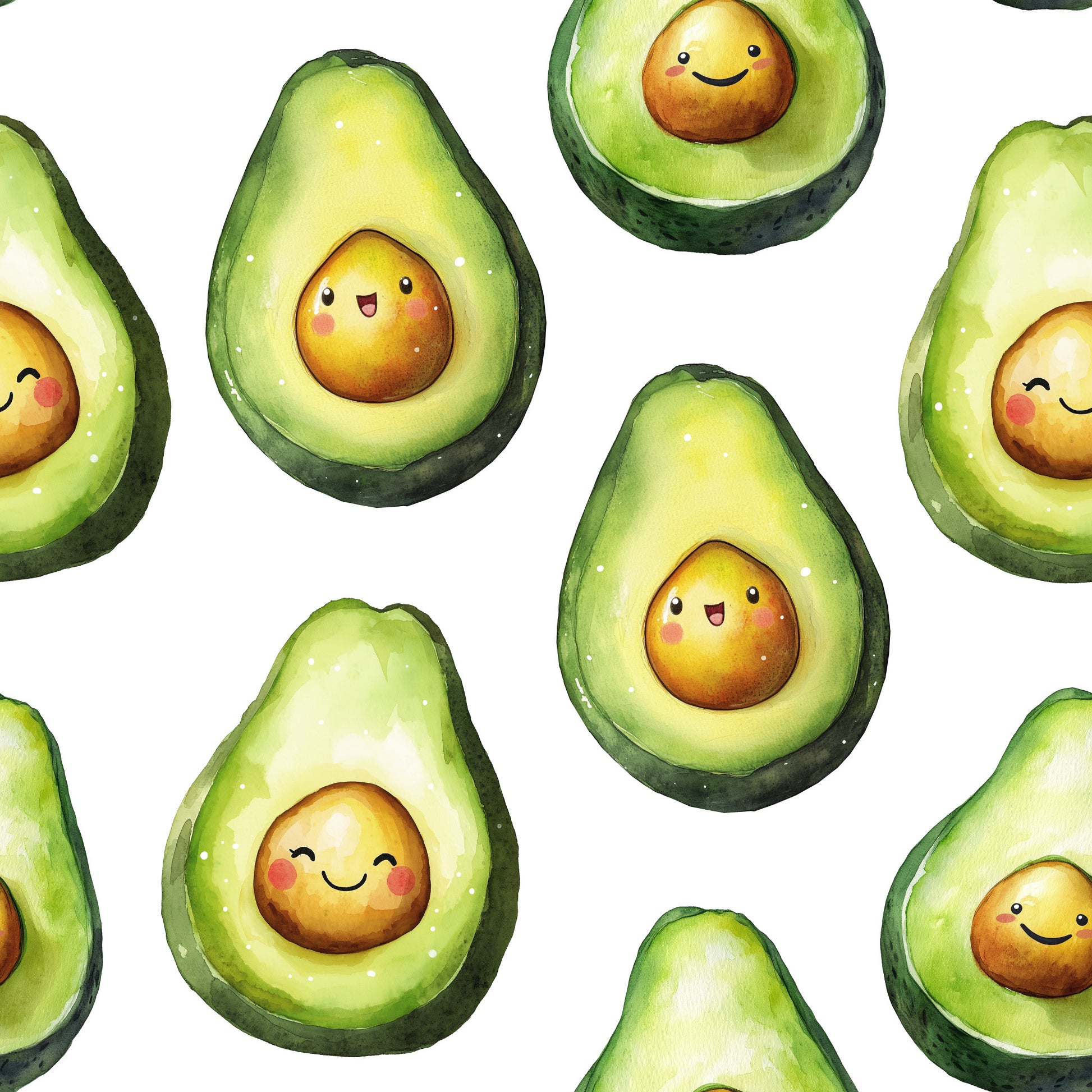 green, yellow, white, avocado pattern, cute faces, kawaii style, allover design, quilting cotton, fabric panel, smiling characters, food motif, cheerful mood, scattered placement, cartoon style, bright colors, whimsical design, seamless pattern, crafting fabric, sewing material