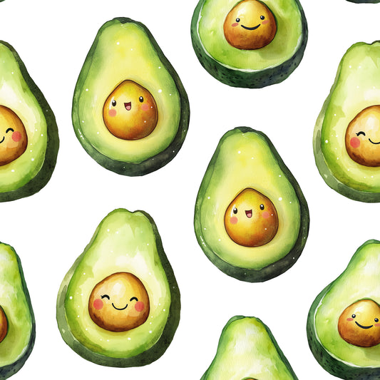 green, yellow, white, avocado pattern, cute faces, kawaii style, allover design, quilting cotton, fabric panel, smiling characters, food motif, cheerful mood, scattered placement, cartoon style, bright colors, whimsical design, seamless pattern, crafting fabric, sewing material