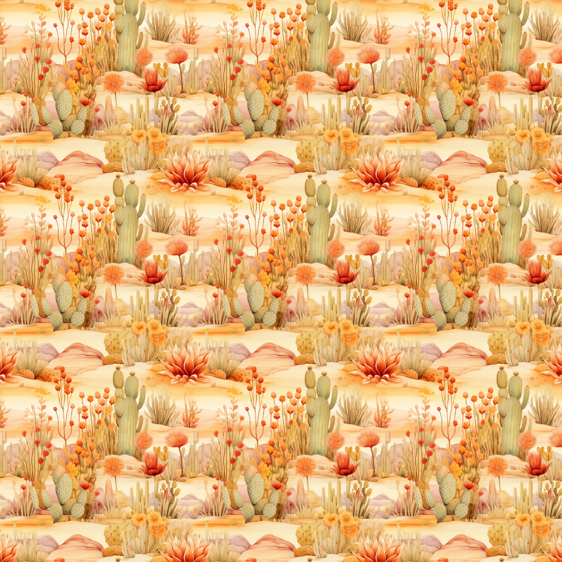 desert landscape, cacti, succulents, warm orange, peachy pink, golden yellow, sage green, southwestern pattern, repeating design, wildflowers, blooming plants, prickly pear, saguaro cactus, quilting cotton, fabric panel, nature scene, arid plants, desert flora, sunset colors, botanical illustration