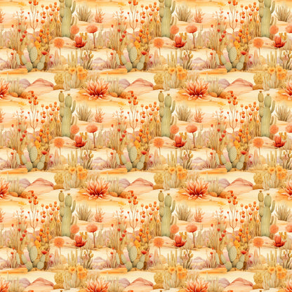 desert landscape, cacti, succulents, warm orange, peachy pink, golden yellow, sage green, southwestern pattern, repeating design, wildflowers, blooming plants, prickly pear, saguaro cactus, quilting cotton, fabric panel, nature scene, arid plants, desert flora, sunset colors, botanical illustration