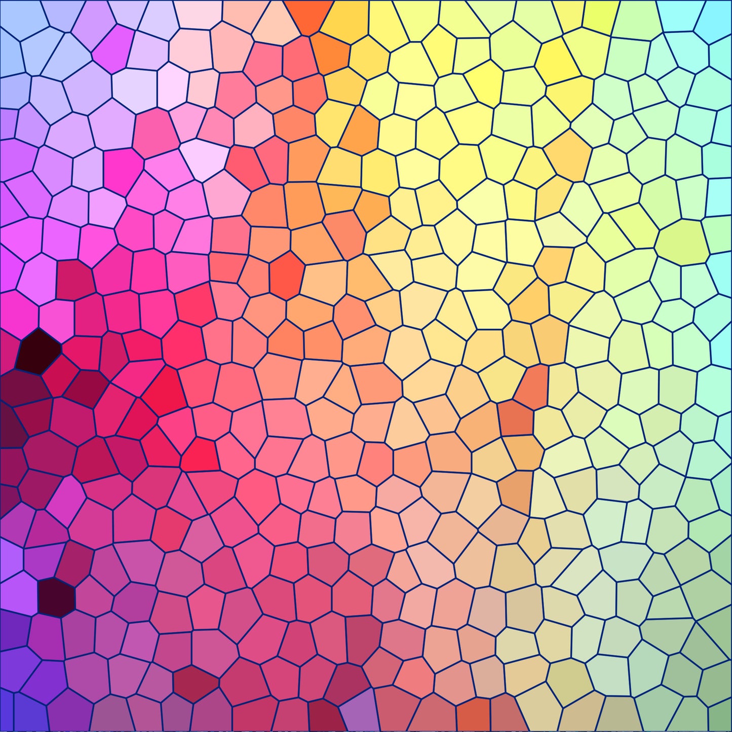 mosaic pattern, stained glass, geometric shapes, rainbow gradient, purple, magenta, pink, coral, orange, yellow, green, turquoise, blue, polygonal cells, honeycomb texture, colorful tessellation, quilting cotton, fabric panel, vibrant colors, prismatic effect