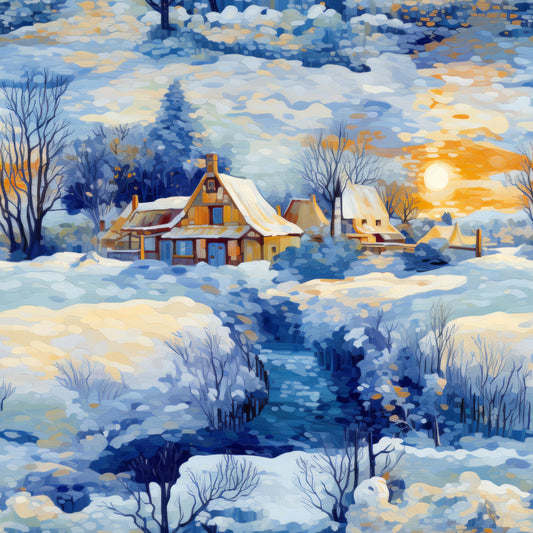 winter scene, dawn sky, snow covered landscape, cozy cottages, flowing stream, bare trees, orange sunset, blue tones, white snow, warm lighting, peaceful village, quilting cotton, fabric panel, serene atmosphere, rural houses, winter wonderland, soft pastels, nature scene, cold season, tranquil mood