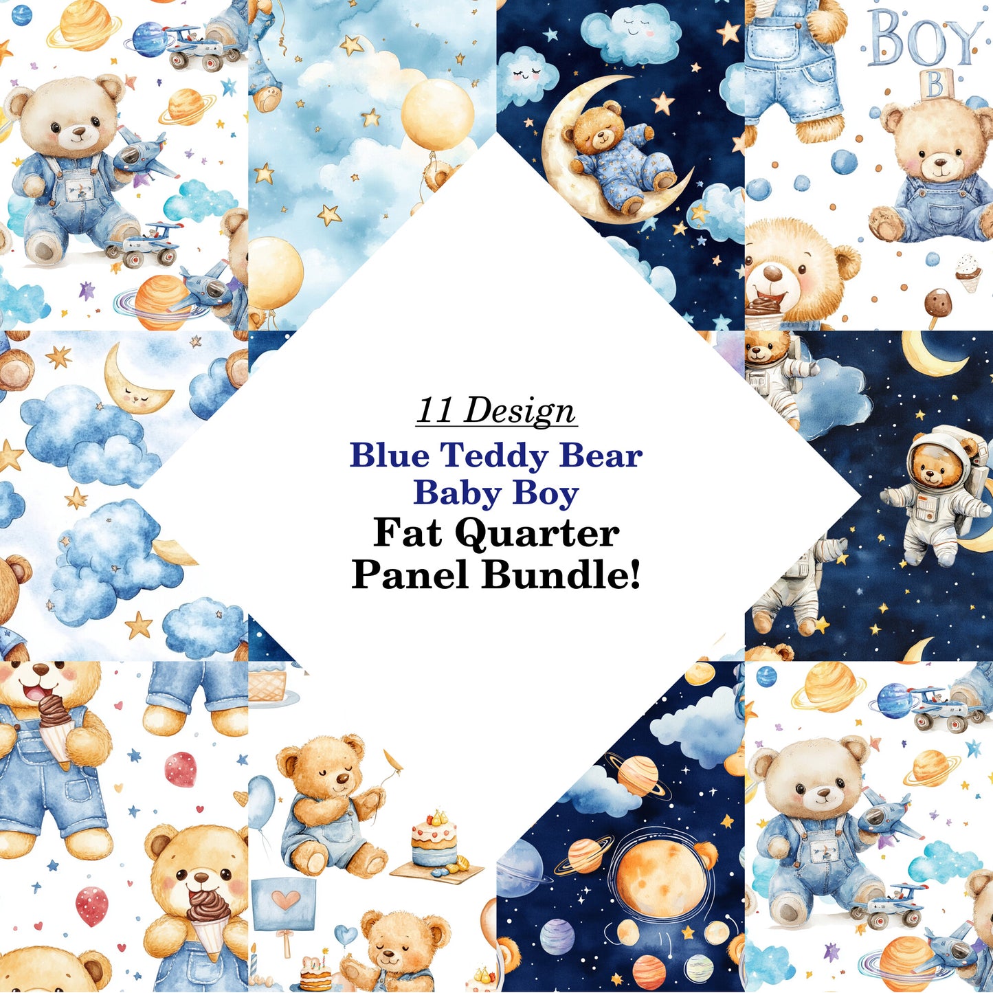 Blue Teddy Bear Baby Boy Fat Quarter Bundle
