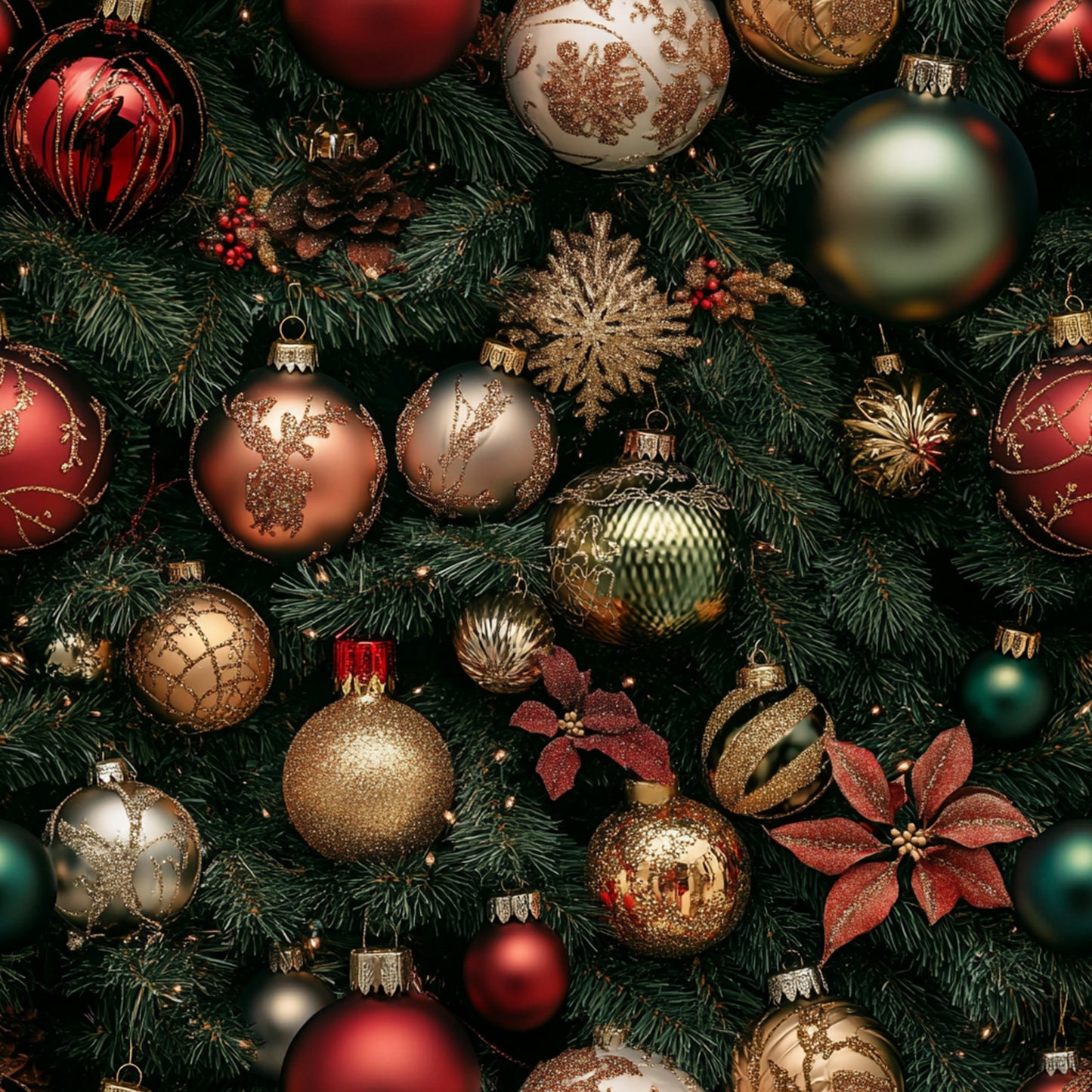 christmas ornaments, red baubles, gold decorations, green pine needles, copper ornaments, silver baubles, glittery snowflakes, pine cones, poinsettia flowers, realistic style, festive pattern, holiday theme, quilting cotton, fabric panel, metallic accents, burgundy red, forest green, bronze tones, christmas decorations, seasonal fabric