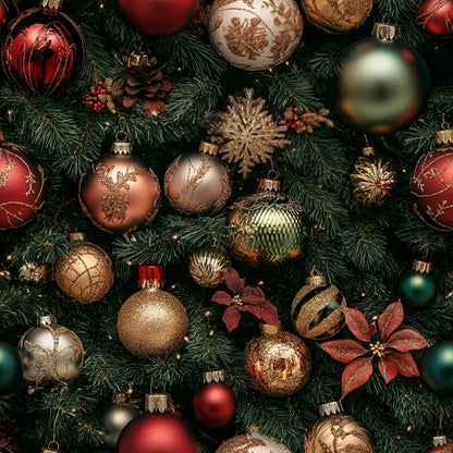 christmas ornaments, red baubles, gold decorations, green pine needles, copper ornaments, silver baubles, glittery snowflakes, pine cones, poinsettia flowers, realistic style, festive pattern, holiday theme, quilting cotton, fabric panel, metallic accents, burgundy red, forest green, bronze tones, christmas decorations, seasonal fabric