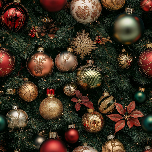 christmas ornaments, red baubles, gold decorations, green pine needles, copper ornaments, silver baubles, glittery snowflakes, pine cones, poinsettia flowers, realistic style, festive pattern, holiday theme, quilting cotton, fabric panel, metallic accents, burgundy red, forest green, bronze tones, christmas decorations, seasonal fabric