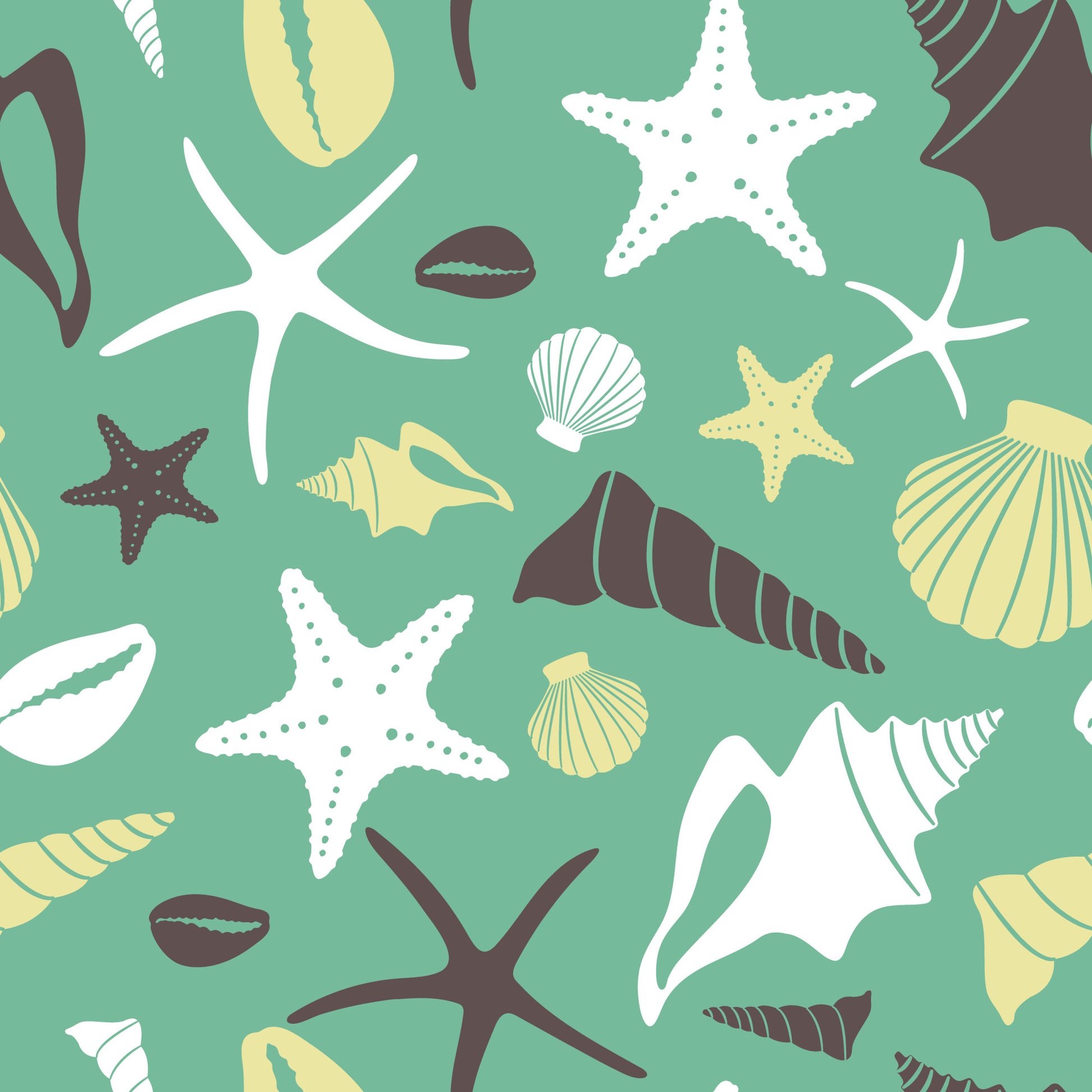 sage green, seafoam, cream, yellow, brown, sea shells, starfish, conch shells, scallop shells, marine life, ocean theme, boho style, beach motif, coastal design, nautical elements, quilting cotton, fabric panel, scattered pattern, organic shapes, summer vibes