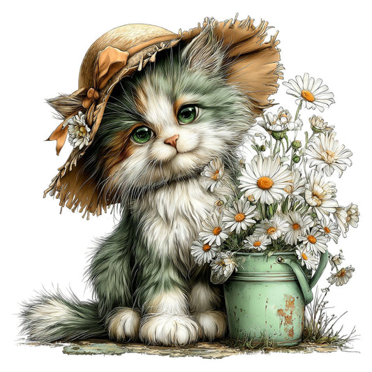 Whimsical Spring Cat Fabric Panel 21