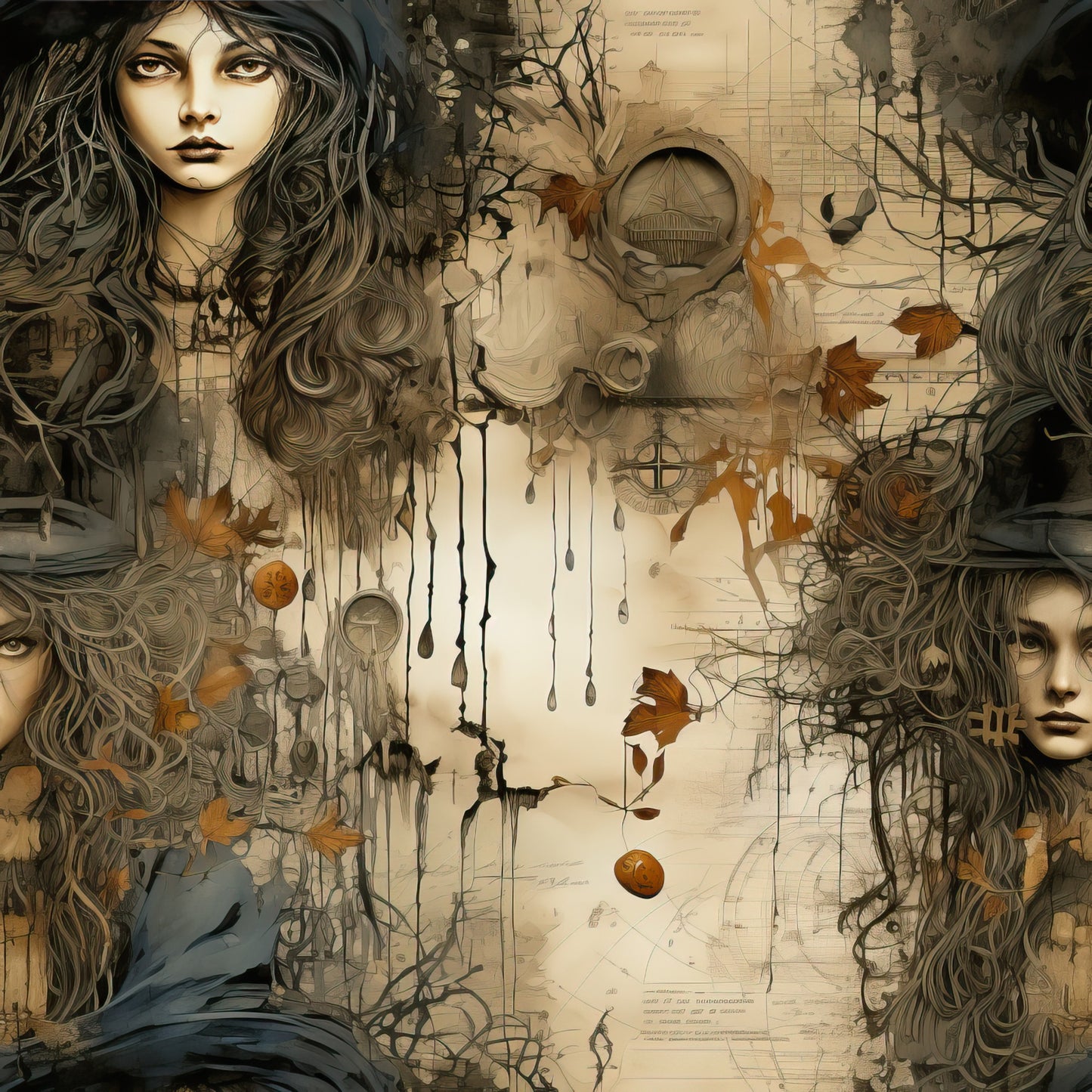witchy, halloween, autumn leaves, mystical woman, long flowing hair, botanical elements, vintage style, sepia tones, brown, beige, orange accents, gothic art, fantasy illustration, quilting cotton, fabric panel, occult symbols, ethereal mood, seasonal design, fall colors, mystical portraits