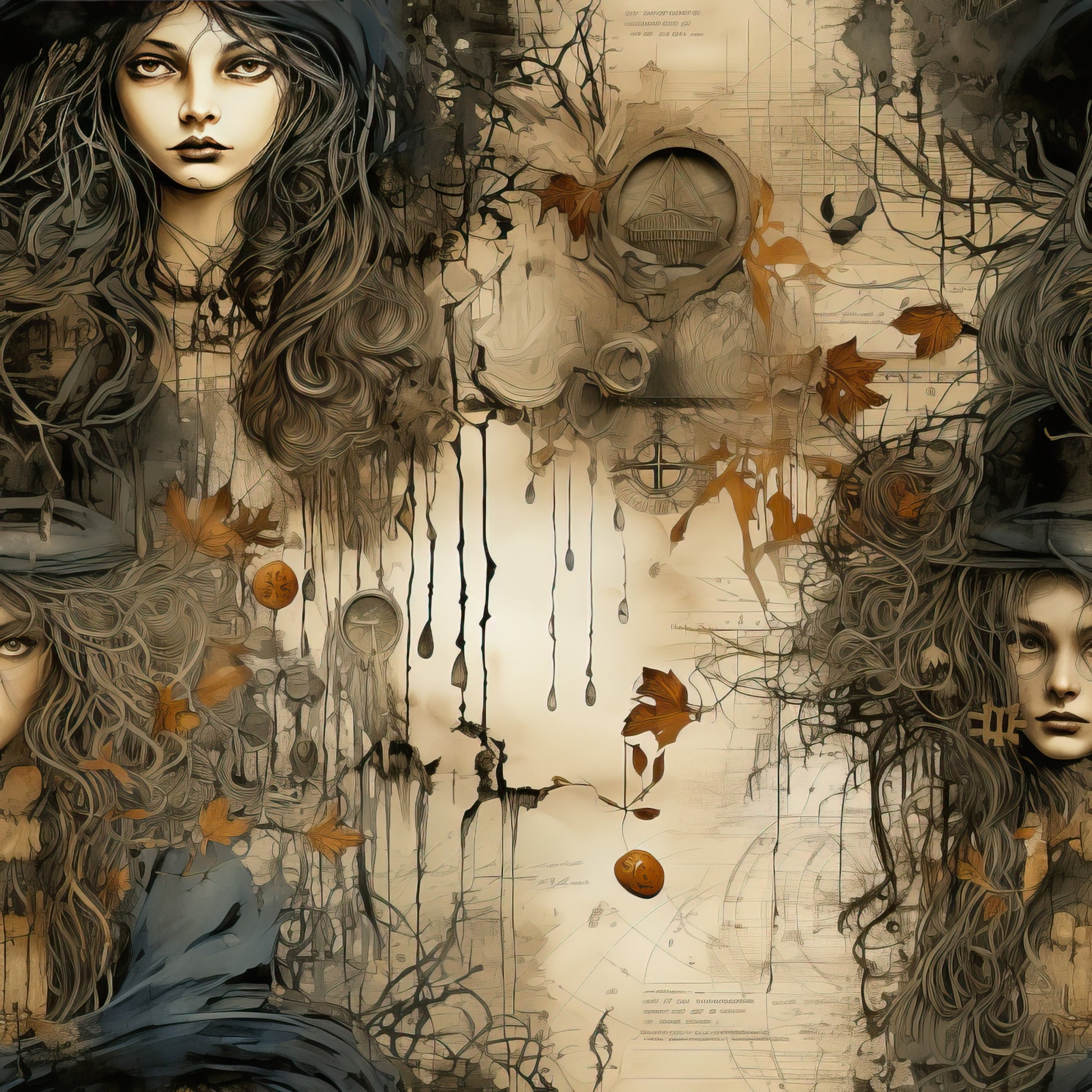 witchy, halloween, autumn leaves, mystical woman, long flowing hair, botanical elements, vintage style, sepia tones, brown, beige, orange accents, gothic art, fantasy illustration, quilting cotton, fabric panel, occult symbols, ethereal mood, seasonal design, fall colors, mystical portraits