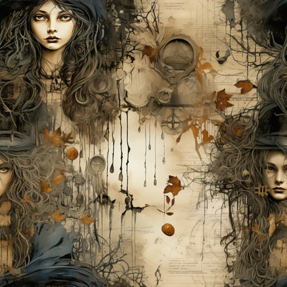 witchy, halloween, autumn leaves, mystical woman, long flowing hair, botanical elements, vintage style, sepia tones, brown, beige, orange accents, gothic art, fantasy illustration, quilting cotton, fabric panel, occult symbols, ethereal mood, seasonal design, fall colors, mystical portraits