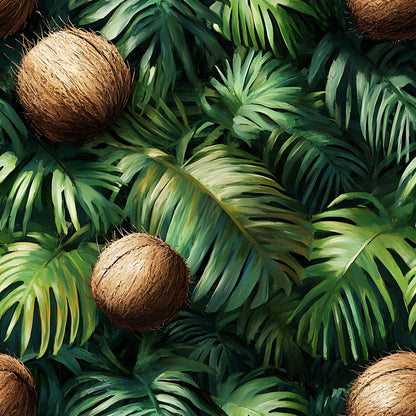 brown coconuts, green palm leaves, tropical pattern, jungle foliage, lush vegetation, emerald green, forest green, lime green, golden brown, coconut brown, botanical design, tropical paradise, rainforest theme, dense foliage, layered leaves, quilting cotton, fabric panel, summer vibes, exotic plants, nature motif