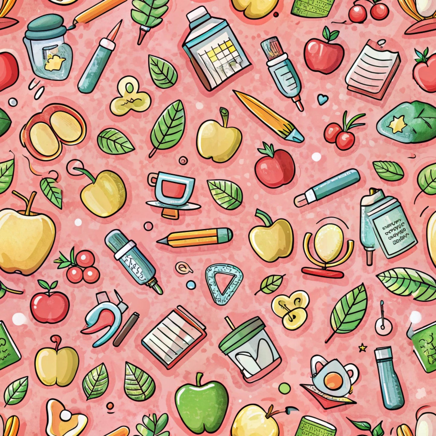 coral pink background, school supplies, apples, leaves, books, pencils, watercolor bottles, notebooks, cherries, green apples, red apples, yellow apples, art supplies, paintbrushes, educational theme, back to school, quilting cotton, fabric panel, scattered pattern, cartoon style, bright colors, academic motifs, student supplies, classroom items