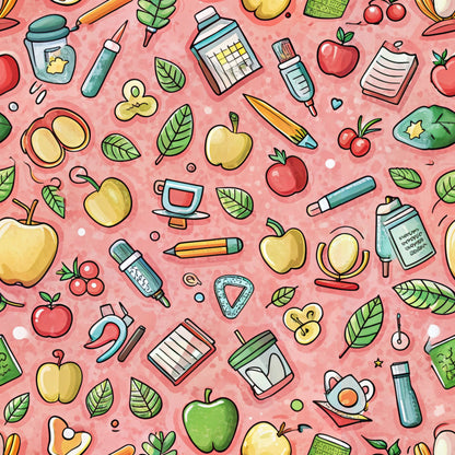 coral pink background, school supplies, apples, leaves, books, pencils, watercolor bottles, notebooks, cherries, green apples, red apples, yellow apples, art supplies, paintbrushes, educational theme, back to school, quilting cotton, fabric panel, scattered pattern, cartoon style, bright colors, academic motifs, student supplies, classroom items
