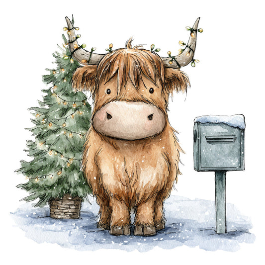 Vintage Christmas Highland Cows Fabric Panel 17