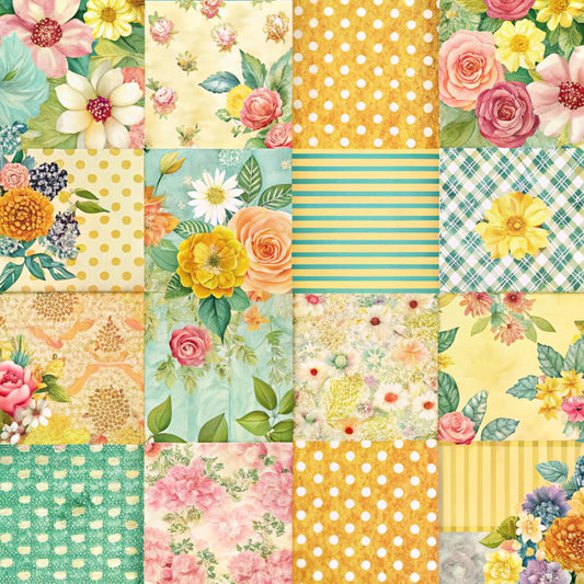 spring flowers, patchwork squares, quilting cotton, floral motifs, roses, daisies, polka dots, stripes, plaid pattern, yellow background, pink flowers, turquoise accents, orange blooms, botanical elements, cottage core, pastel palette, geometric patterns, fabric panel, spring theme, vintage florals
