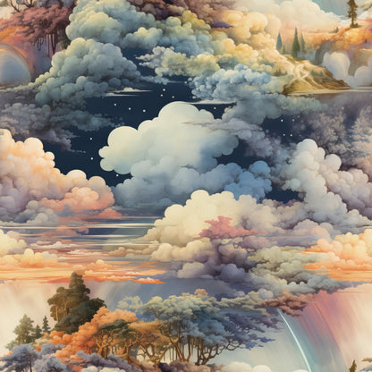 clouds, sky, dreamy, whimsical, blue, orange, pink, yellow, gray, white, puffy clouds, celestial, stars, trees, landscape, ethereal, soft pastels, quilting cotton, fabric panel, nature scene, atmospheric, sunset colors, storm clouds