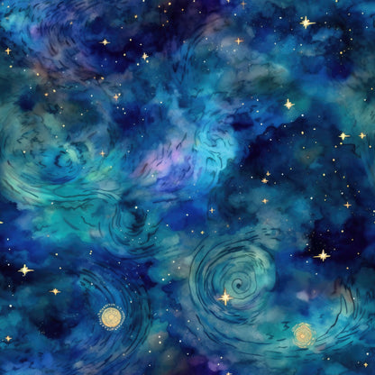deep blue, navy blue, teal, turquoise, purple, gold stars, swirling patterns, spiral design, cosmic nebula, night sky, celestial theme, astronomical art, dreamy atmosphere, van gogh inspired, impressionistic style, quilting cotton, fabric panel, starfield, galactic swirls, luminous accents