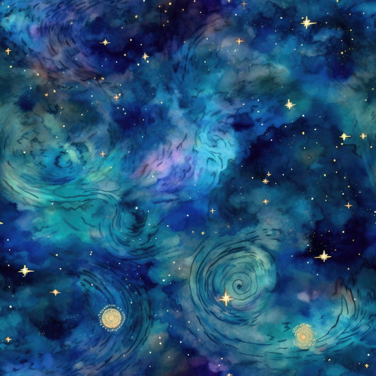 deep blue, navy blue, teal, turquoise, purple, gold stars, swirling patterns, spiral design, cosmic nebula, night sky, celestial theme, astronomical art, dreamy atmosphere, van gogh inspired, impressionistic style, quilting cotton, fabric panel, starfield, galactic swirls, luminous accents