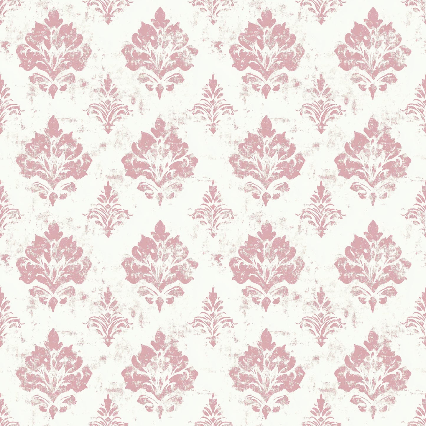 pink, dusty rose, cream, ivory, damask pattern, floral motifs, ornate design, distressed texture, vintage style, shabby chic, baroque elements, decorative flourishes, quilting cotton, fabric panel, romantic aesthetic, weathered appearance, repeating pattern, elegant motifs, soft pastels, antique finish