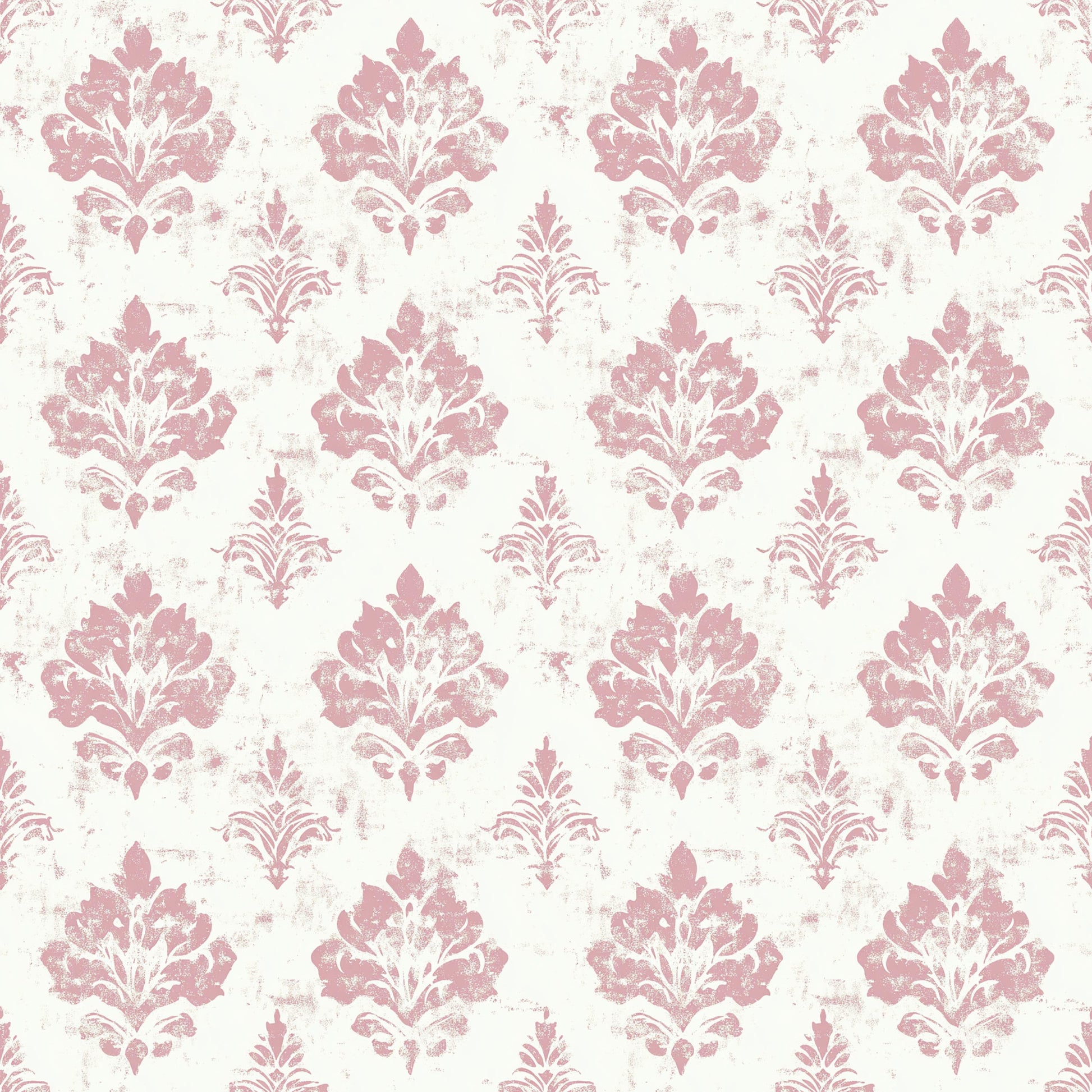 pink, dusty rose, cream, ivory, damask pattern, floral motifs, ornate design, distressed texture, vintage style, shabby chic, baroque elements, decorative flourishes, quilting cotton, fabric panel, romantic aesthetic, weathered appearance, repeating pattern, elegant motifs, soft pastels, antique finish