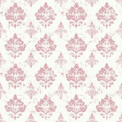 pink, dusty rose, cream, ivory, damask pattern, floral motifs, ornate design, distressed texture, vintage style, shabby chic, baroque elements, decorative flourishes, quilting cotton, fabric panel, romantic aesthetic, weathered appearance, repeating pattern, elegant motifs, soft pastels, antique finish