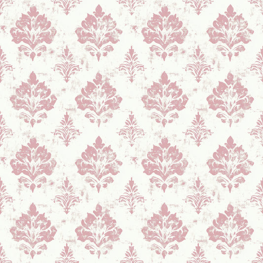 pink, dusty rose, cream, ivory, damask pattern, floral motifs, ornate design, distressed texture, vintage style, shabby chic, baroque elements, decorative flourishes, quilting cotton, fabric panel, romantic aesthetic, weathered appearance, repeating pattern, elegant motifs, soft pastels, antique finish
