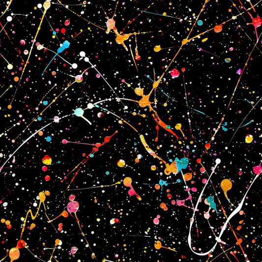 black background, multicolored splashes, paint splatters, abstract design, vibrant colors, red drops, yellow splashes, blue paint, pink splatters, orange drips, white dots, colorful drips, artistic pattern, modern art style, quilting cotton, fabric panel, contemporary design, paint drips, splatter art, rainbow colors