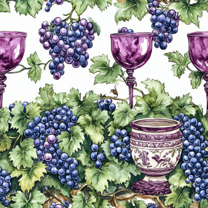 purple, blue, green, white, grapes, grape clusters, wine glasses, goblets, grapevines, leaves, botanical, vineyard, wine themed, watercolor style, repeating pattern, quilting cotton, fabric panel, vintage vessels, decorative pottery, wine country