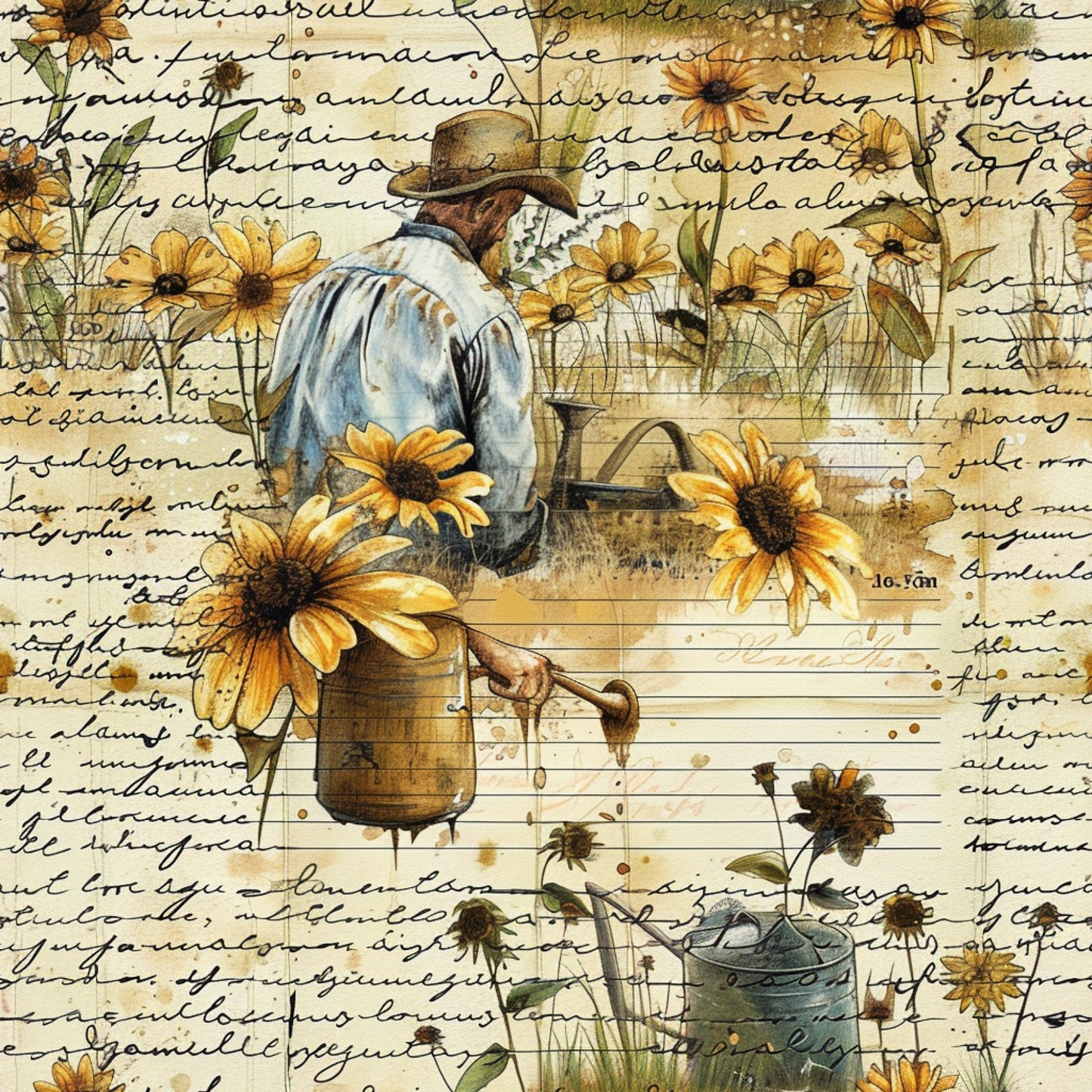 golden yellow, brown, cream, beige, watercolor style, sunflowers, farmer, watering can, gardening scene, country life, rustic, vintage feel, quilting cotton, fabric panel, botanical elements, pastoral scene, earth tones, floral motifs, rural lifestyle, handwritten script