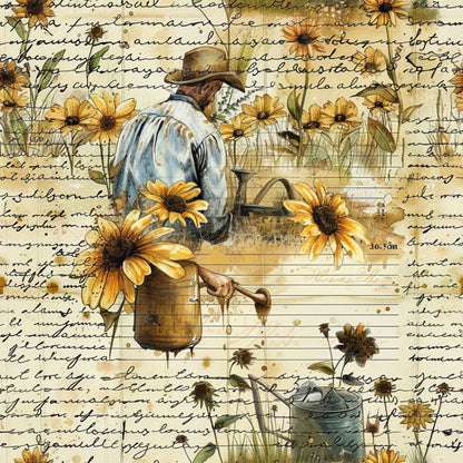golden yellow, brown, cream, beige, watercolor style, sunflowers, farmer, watering can, gardening scene, country life, rustic, vintage feel, quilting cotton, fabric panel, botanical elements, pastoral scene, earth tones, floral motifs, rural lifestyle, handwritten script