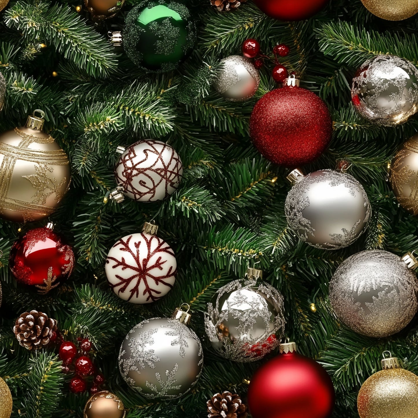 christmas ornaments, red baubles, silver ornaments, gold decorations, green foliage, evergreen branches, pine needles, white snowflakes, burgundy accents, metallic finish, holiday pattern, festive design, winter theme, realistic style, quilting cotton, fabric panel, christmas fabric, ornament collection, pine cones, cranberries