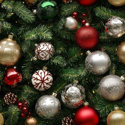 christmas ornaments, red baubles, silver ornaments, gold decorations, green foliage, evergreen branches, pine needles, white snowflakes, burgundy accents, metallic finish, holiday pattern, festive design, winter theme, realistic style, quilting cotton, fabric panel, christmas fabric, ornament collection, pine cones, cranberries