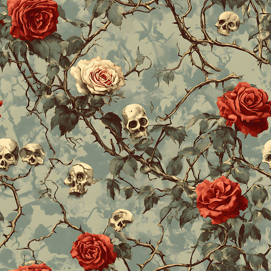 muted blue, sage green, deep red roses, cream roses, human skulls, thorny vines, gothic pattern, dark romantic, floral skulls, bramble thorns, quilting cotton, fabric panel, vintage style, macabre design, botanical elements, haunting mood, rose blooms, skeletal motifs, gothic floral, weathered aesthetic
